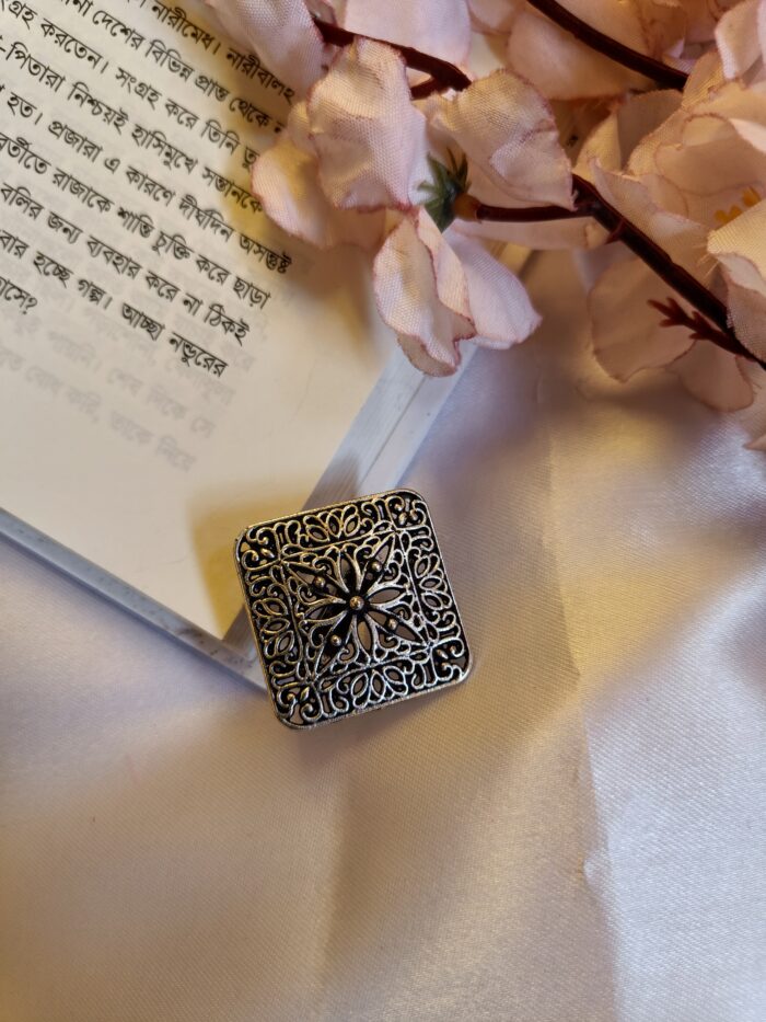 Silver plated square shape floral ring