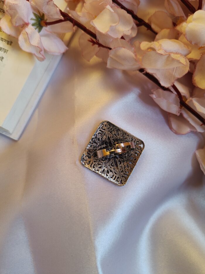Silver plated square shape floral ring